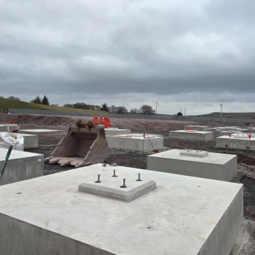 Large precast substation foundation bases delivered and positioned on site at Coalburn energy infrastructure project.