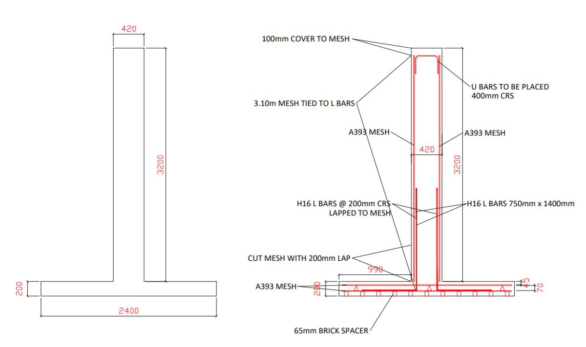 Technical drawing of precast concrete T Wall showing dimensions and base profile for agricultural storage installation.