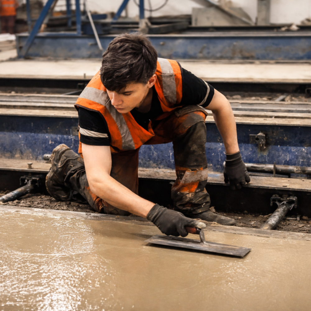 A CWP worker using a smoothing trowel to smooth out a freshly poured concrete panel