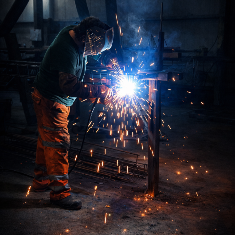 CWP welder welding together a steel cage ready to be made into a reinforced concrete pile